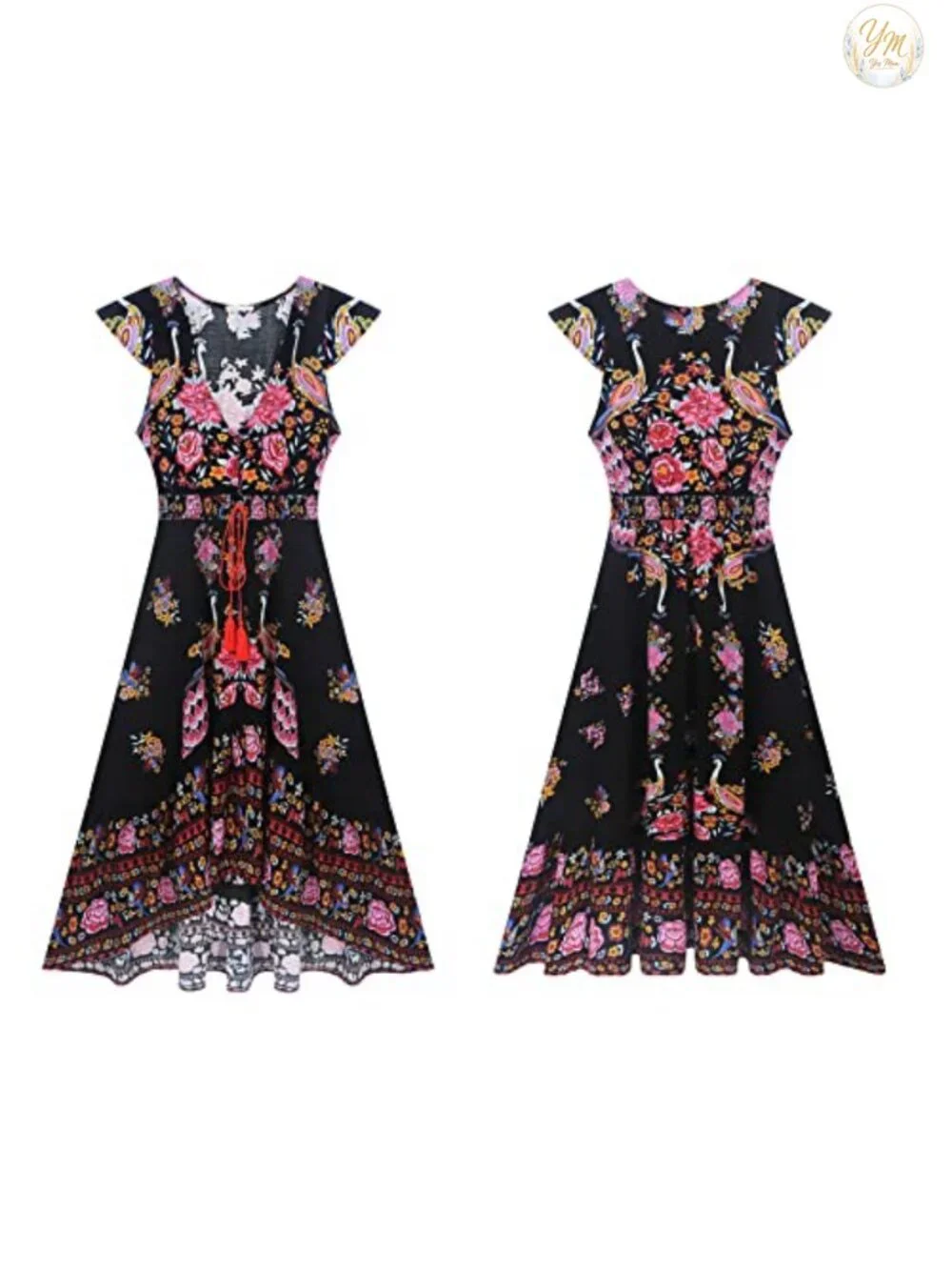 Women's Vintage Floral Print High Low Midi Dress With Deep V Neck Short Sleeve